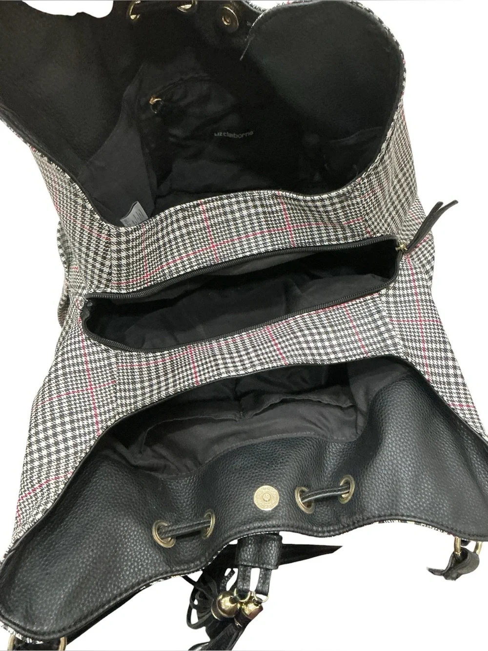 Liz Claiborne Houndstooth Shoulder Bag Tassel 3 Compartment Preppy Heritage Chic